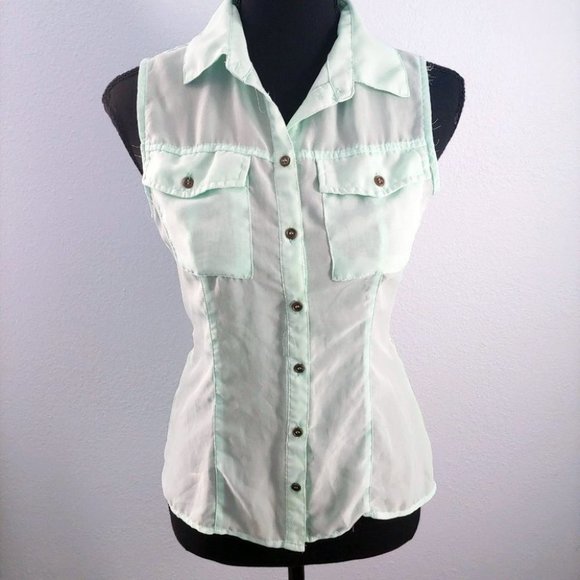 Vintage Tops - [SOLD] Vintage 90's / Y2K Mint Green Chiffon Sheer Buttondown Blouse